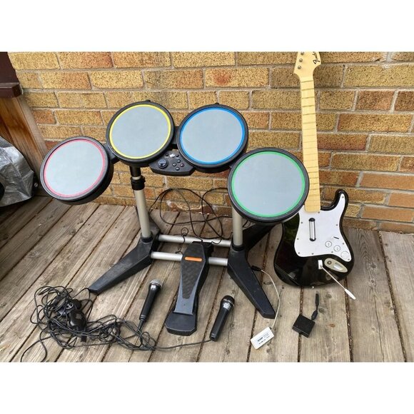 Rock Band Bundle PS3 Console, Wired Drums, Fender Stratocaster W/ Dongle, 2X Mic - Picture 1 of 14